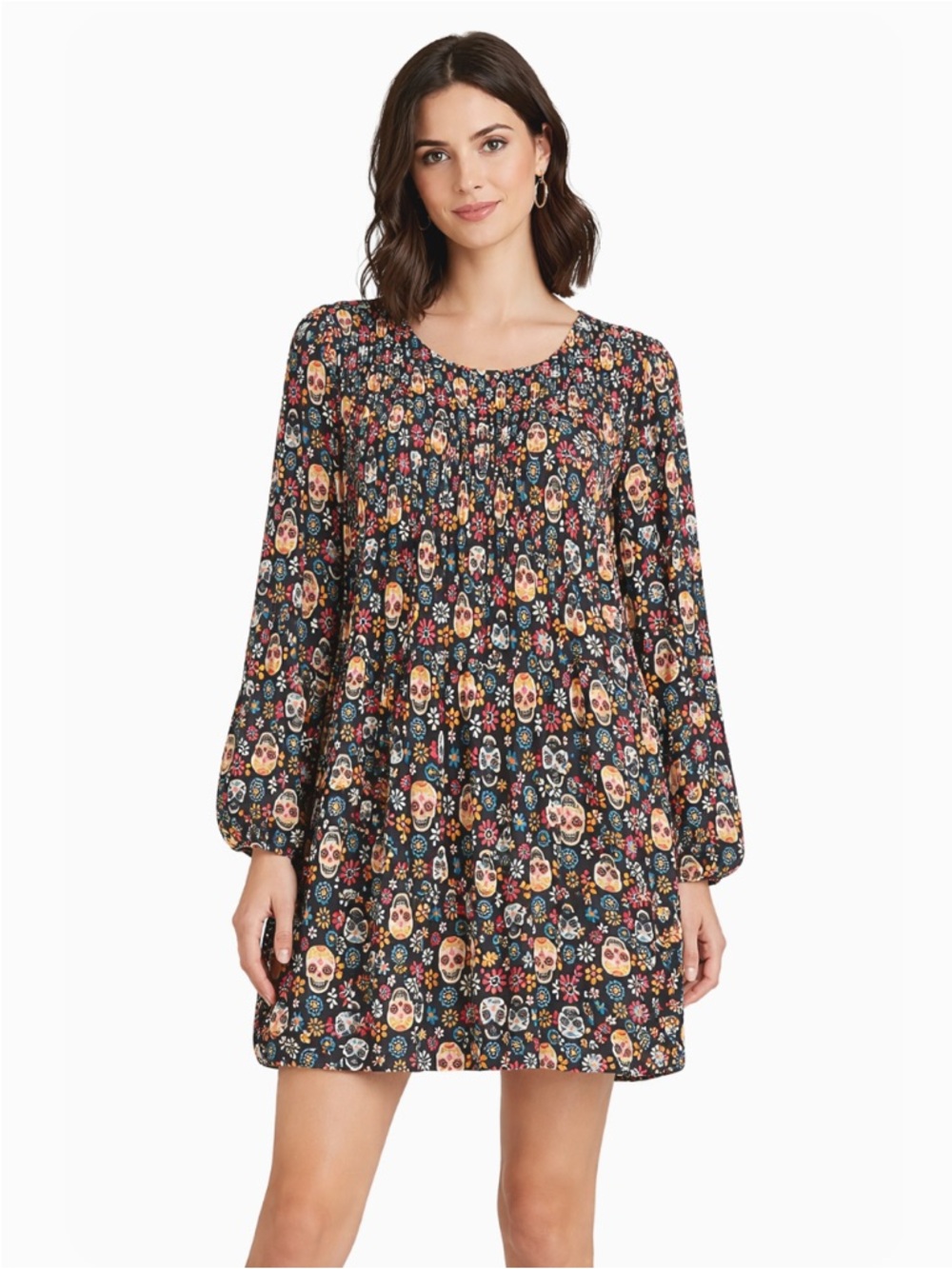 Day of the Dead Floral‎ Mini Dress in pleated Black/Multi color